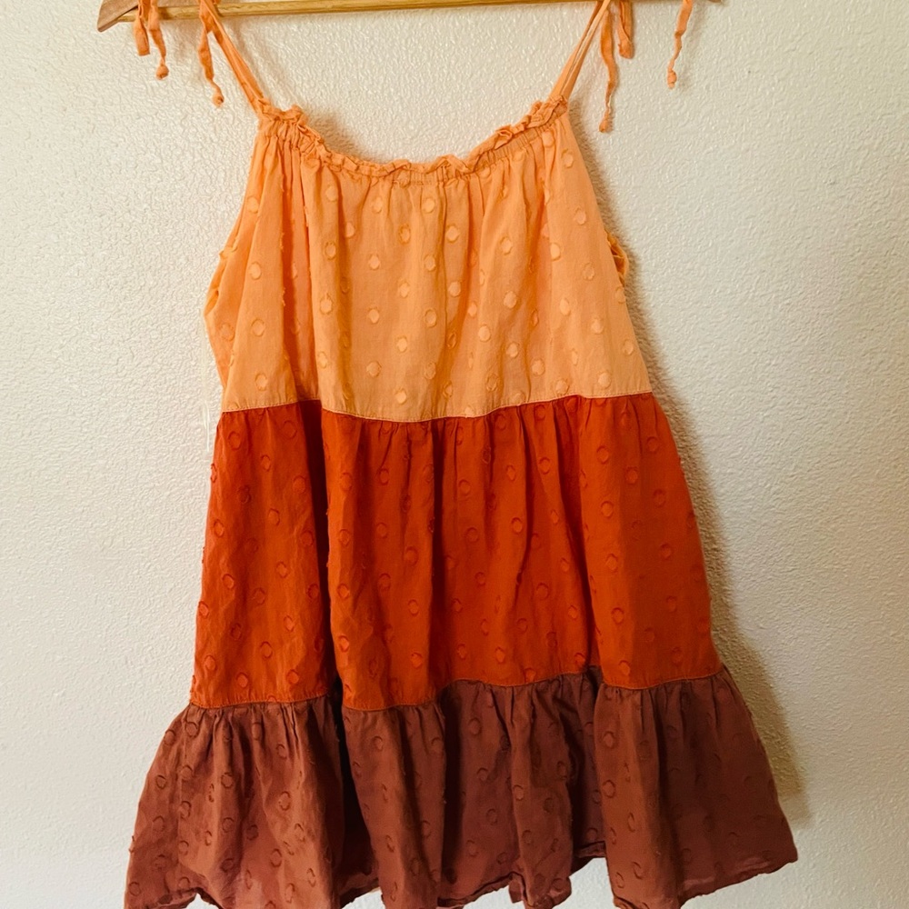 Blue Rain Cotton Orange Tiered Spaghetti Strap Mini Dress Textured Polka Dots S